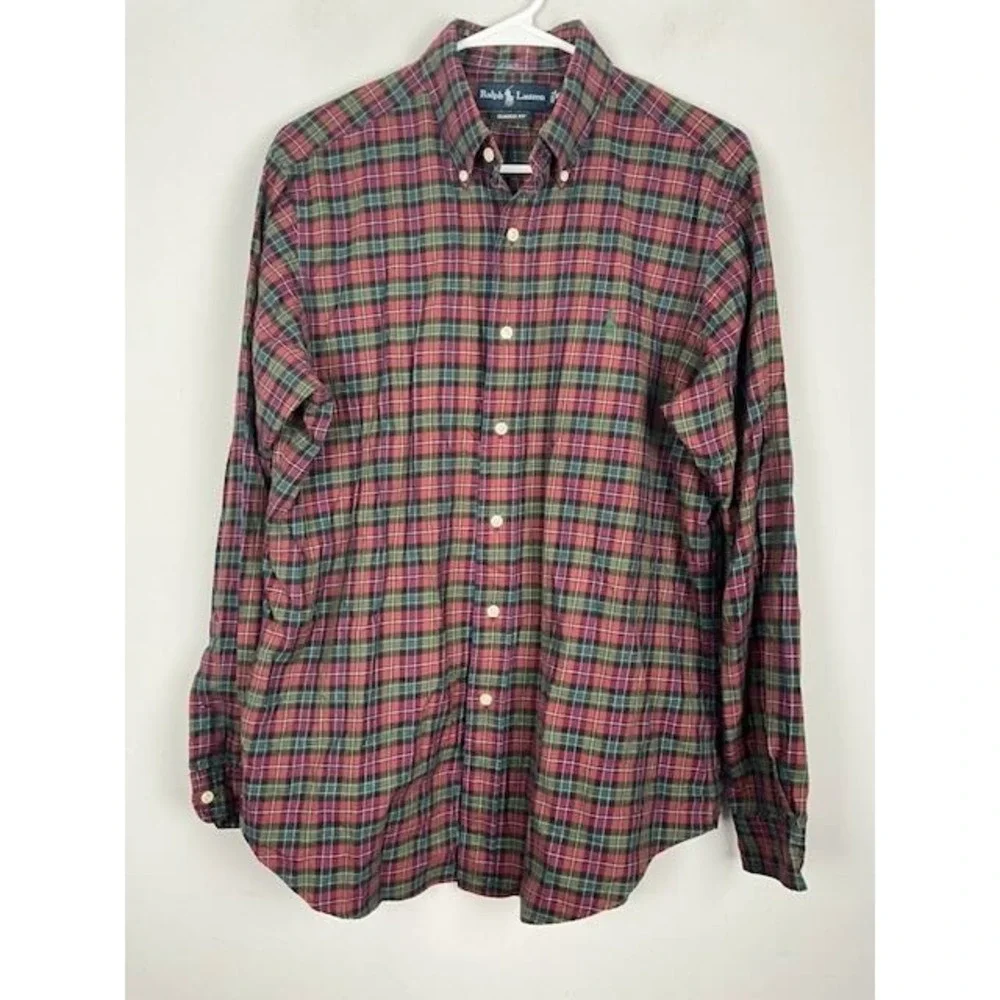 Ralph Lauren Classic Fit Button Down Shirt Mens M Red Green Tartan Plaid‎ Cotton - Picture 3 of 8